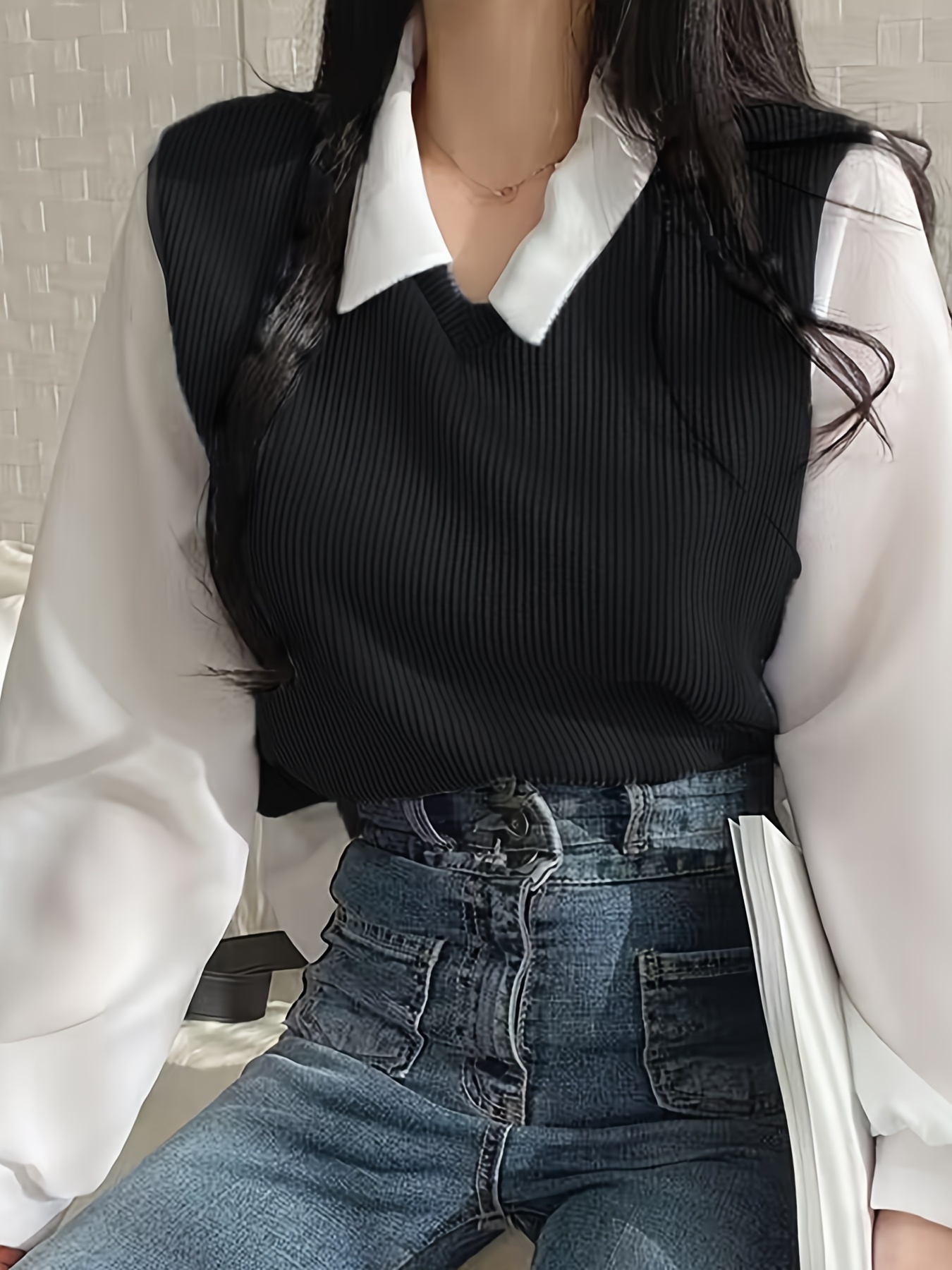 women's elegant ribbed long sleeve sweatshirt layered Temu Saudi