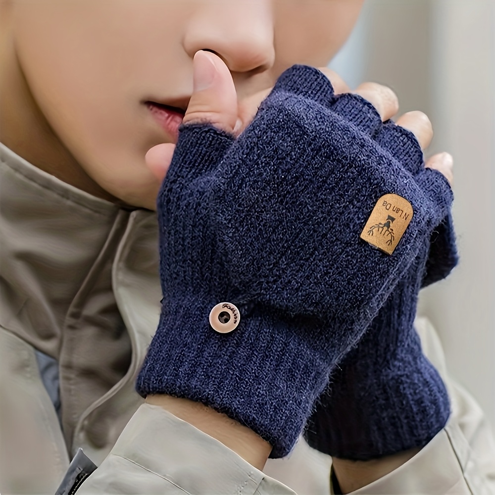 TEMU 1 Pair, Men's And Women's Winter Outdoor Cashmere Clamshell Gloves, Knitted Warm Gloves, Flap Half- Screen Gloves, Suitable For Autumn And ,