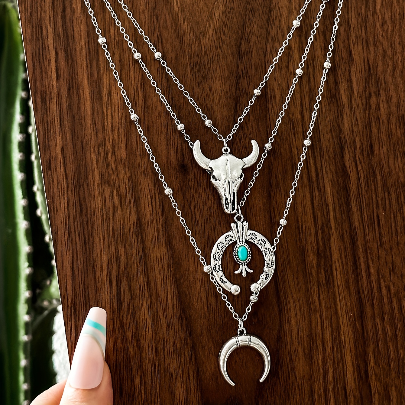 TEMU 3pcs Set Of Iron Chain Turquoise-inlaid Alloy Pendant Necklace Combo, Western Latin American Ethnic Style Cowboy Half Moon Horseshoe Eagle