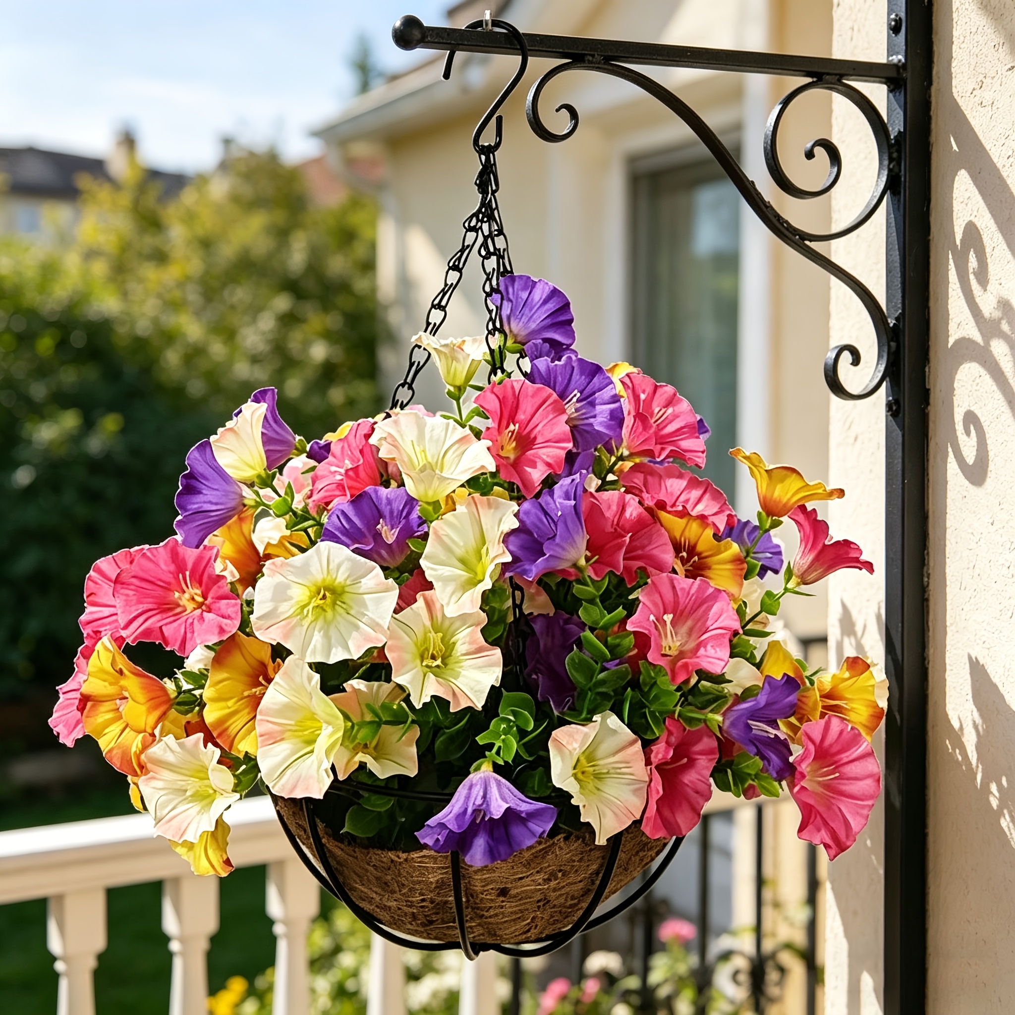 this artificial multi colored   hanging basket     long   in outdoor environments such as   courtyards and   perfectly complementing a rustic country style decor