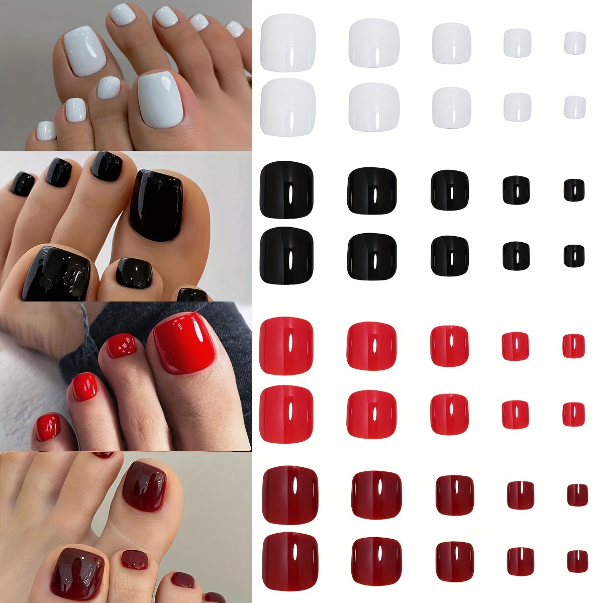 TEMU [customer Favorite] 96pcs Press-on Toenail Set - Glossy Burgundy, Red, White & Black - Short Square Fake Nails For Women And Girls