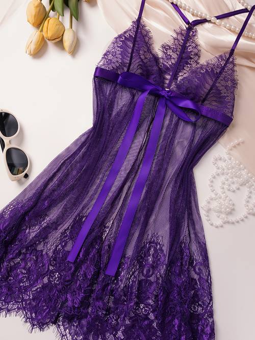 purple lace babydoll lingerie for women sheer mesh chemise nightgown with bow v neck sleepwear for honeymoon valentines day