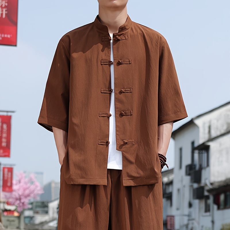 *'S Vintage Chinese Button-Up Shirt Three-Quarter Sleeve Formal Casual  Blouse Collar Non-Stretch Fabric, Traditional Chinese Attire for