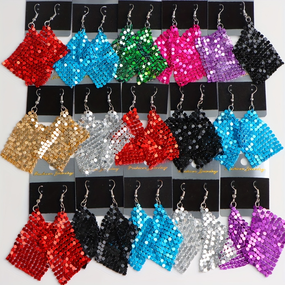 Image of 9 Pairs Of Fashionable Colorful Sequin Tassel Earrings, Square Geometric Long Drop Earrings For Women, Party Prom Gift, Daily Wear Jewelry Accessories, Random Styles Without Boxes