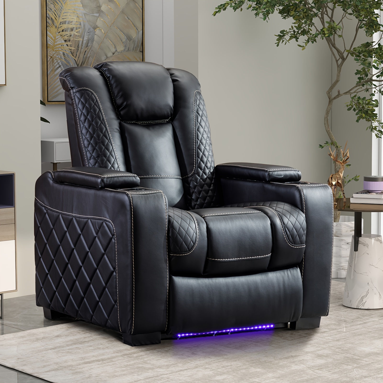Chair With Ambient Lighting, Faux Leather Dual Motor Home Theater Seating, Adjustable Headrest, Hidden Arm Storage, Cup Holders & Usb Ports，for Game & Room Furniture