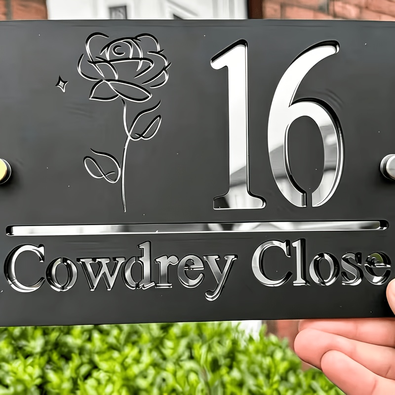 TEMU Custom Double-layer House Number Plate - Personalized Name/number Sign With Elegant Font & Floral/number Display, Pre-drilled Holes Suitable For
