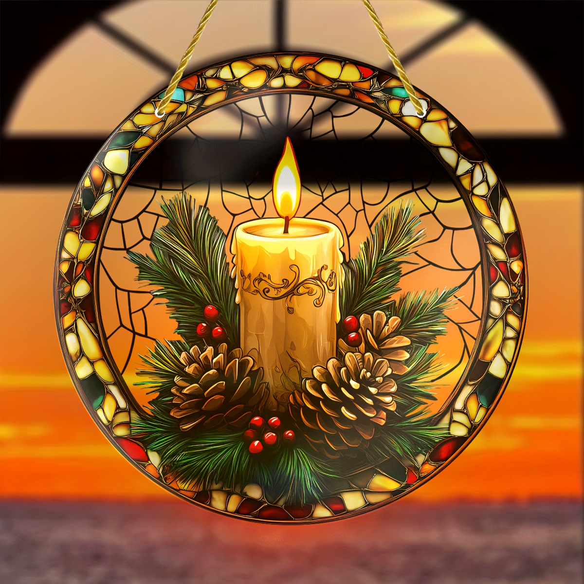 

Country-style Acrylic Sun With Candle, Pine Cones & Holly - Home Decor & Holiday Gifts