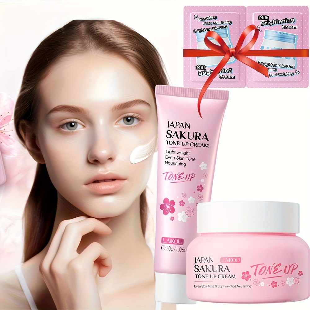 2pcs Sakura Tone Up Cream Set With 2 Freebies Rich In Niacinamide & * C  Moisturizing Skin Even Skin Tone Covering Blemishes And Nourishing Skin  1.06oz+2.12oz