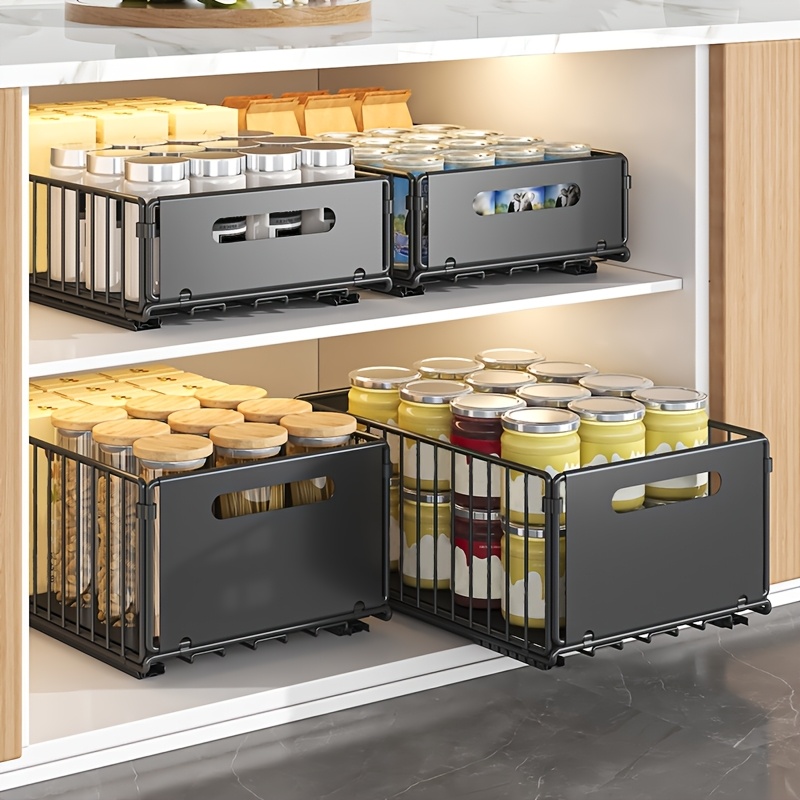 4pcs Slide-out Kitchen Storage Rack - Heavy Duty Carbon Steel Pull-out Drawer For Dishes, Pots & Lids, Space-efficient Cabinet Organizer, 37x24x10cm, Deep Cupboard Access