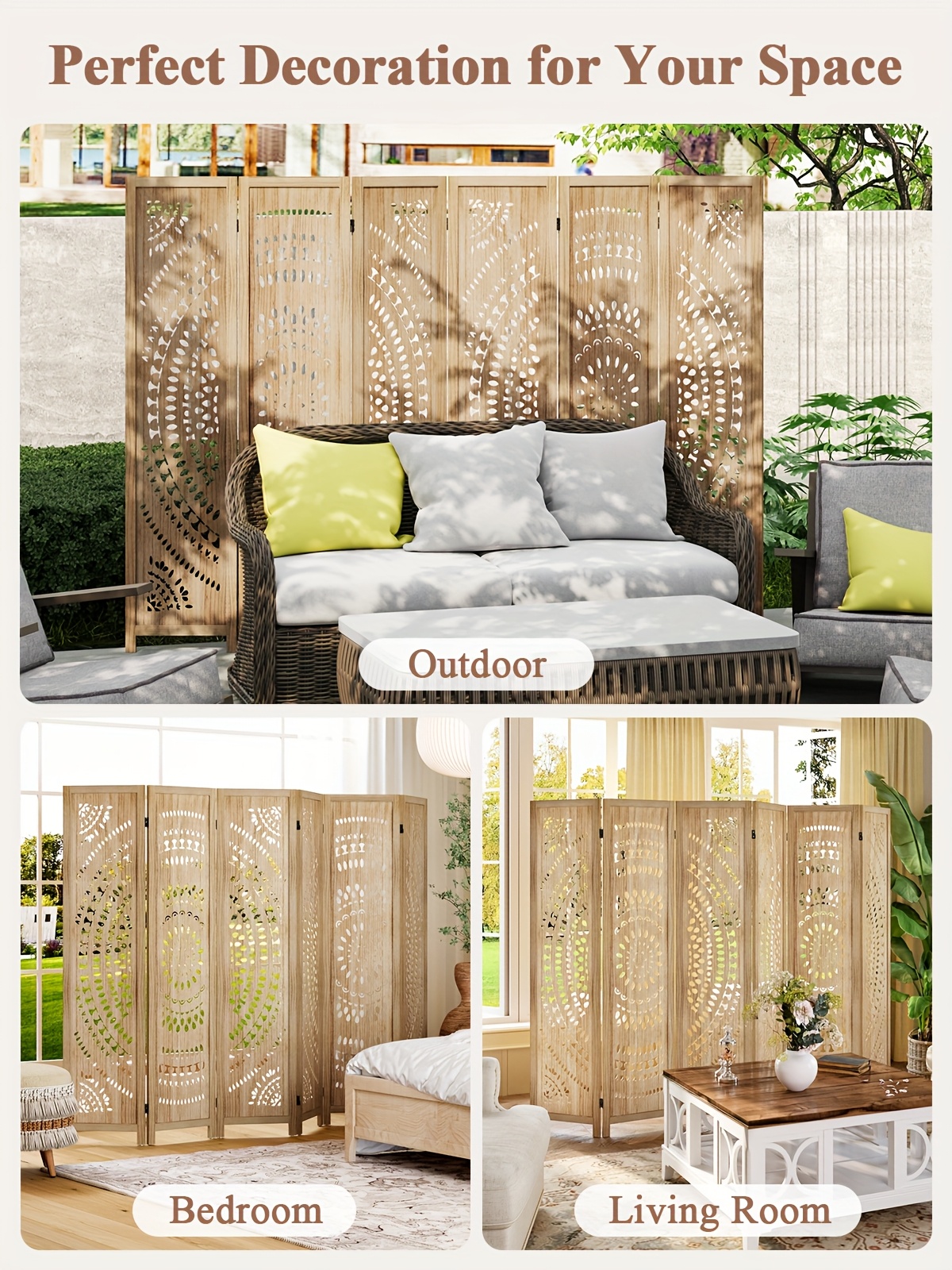 3/6 Panel Boho Folding Room Divider - Carved Wood Privacy Screen, Adjustable Indoor/Outdoor Farmhouse Partition with Lightweight HDF Board & Wood Veneer Panels, Portable Room Divider for Home, Office, Garden, Patio Suitable for Privacy Screening