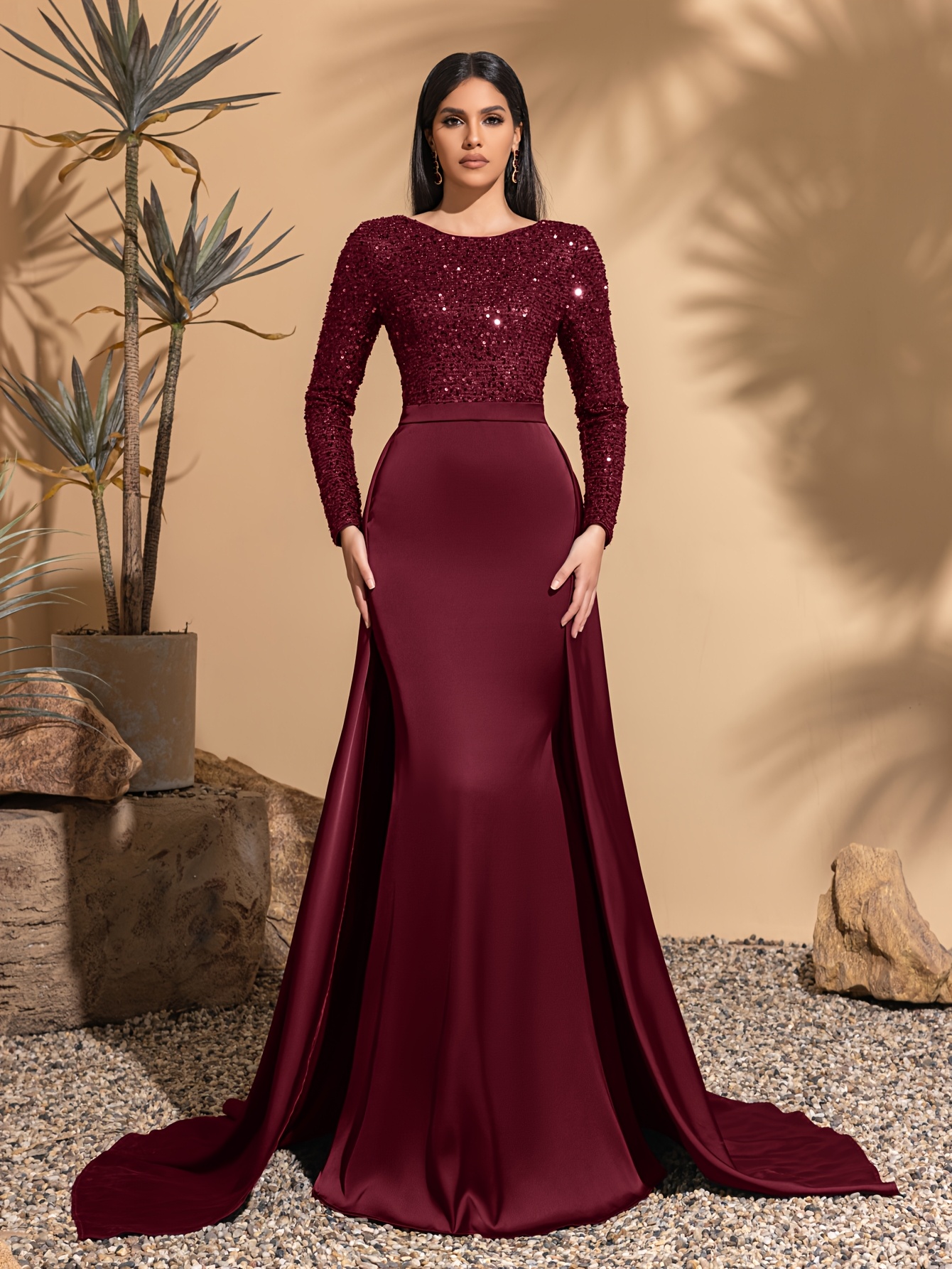 Shimmering Sequin Stitched Satin Women's Wedding Dress, Long Sleeve Waist  Cinched, Elegant Party Wear, Hostess Gown, High-Quality Ladies'  Floor-Length