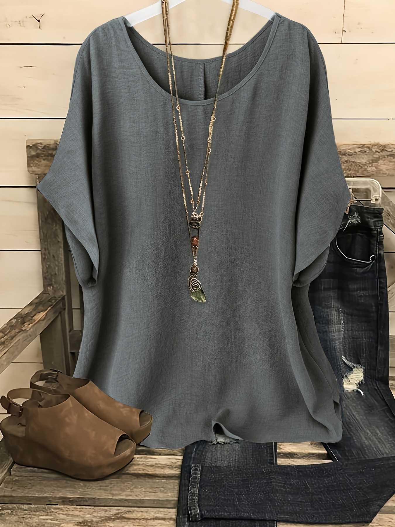 Plus Size, Plus Size Women's Casual Summer Batwing Sleeve Blouse - Olive Green Solid Color Round Neck Short Sleeve Shirt, Machine Washable & Dry Cleanable, Elegance Collection