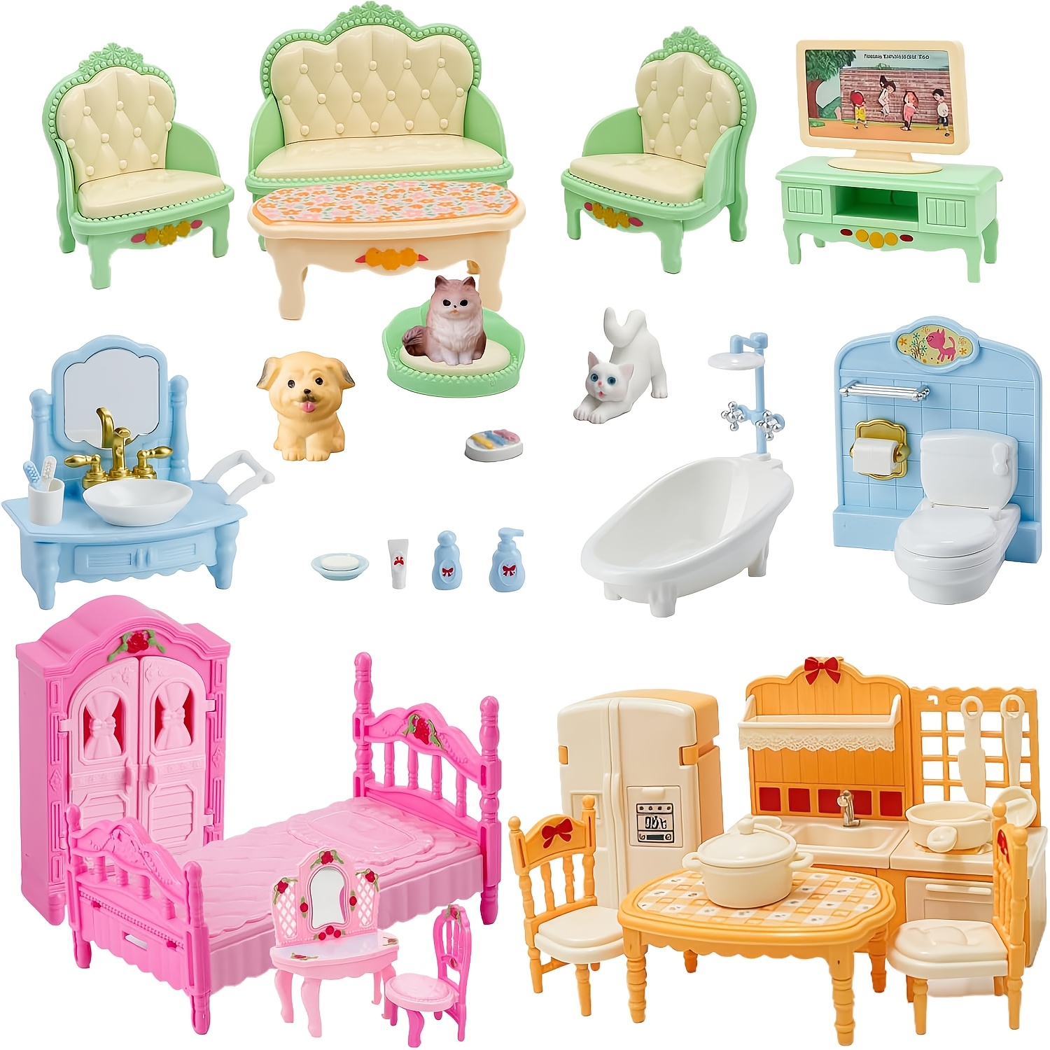 TEMU Simulation Mini Toy House Furniture Set, Full Room Series, With Kitchen, Dining Room, Living Room, Bedroom, And Bathroom Additions, Plastic