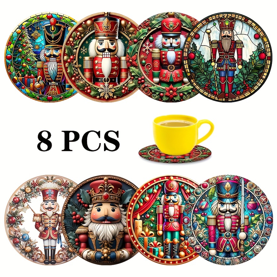 

8pcs Wooden Coaster Set - Christmas Nutcracker Soldier Design, Round Heat-resistant & Non-slip Mats For Home Decor And Kitchen Use, Perfect Gift Idea