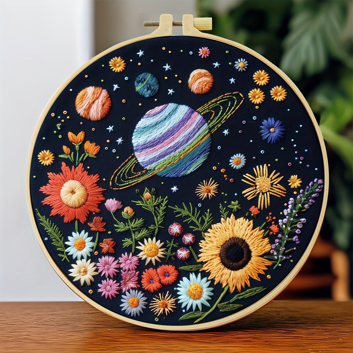 TEMU 1pc Embroidery Kit, 20x20cm/7.9x7.9 Inches, Flowers And Planets, Handmade Diy Embroidery Kit, Suitable For Adults And Beginners, Includes