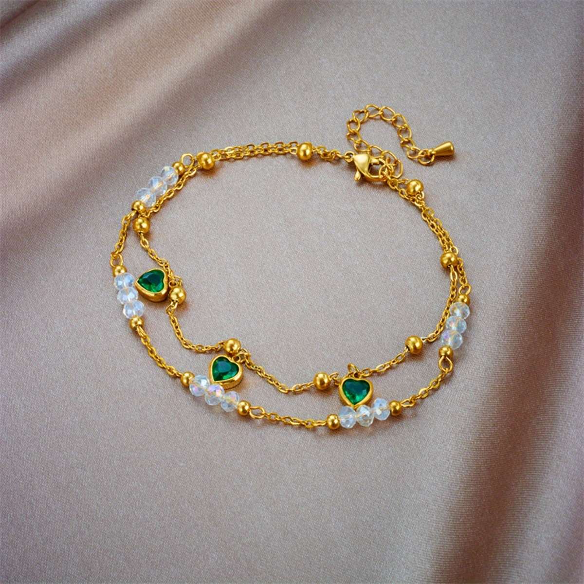 Light Luxury Golden Stainless Steel Ankle Chain, Green Hearts