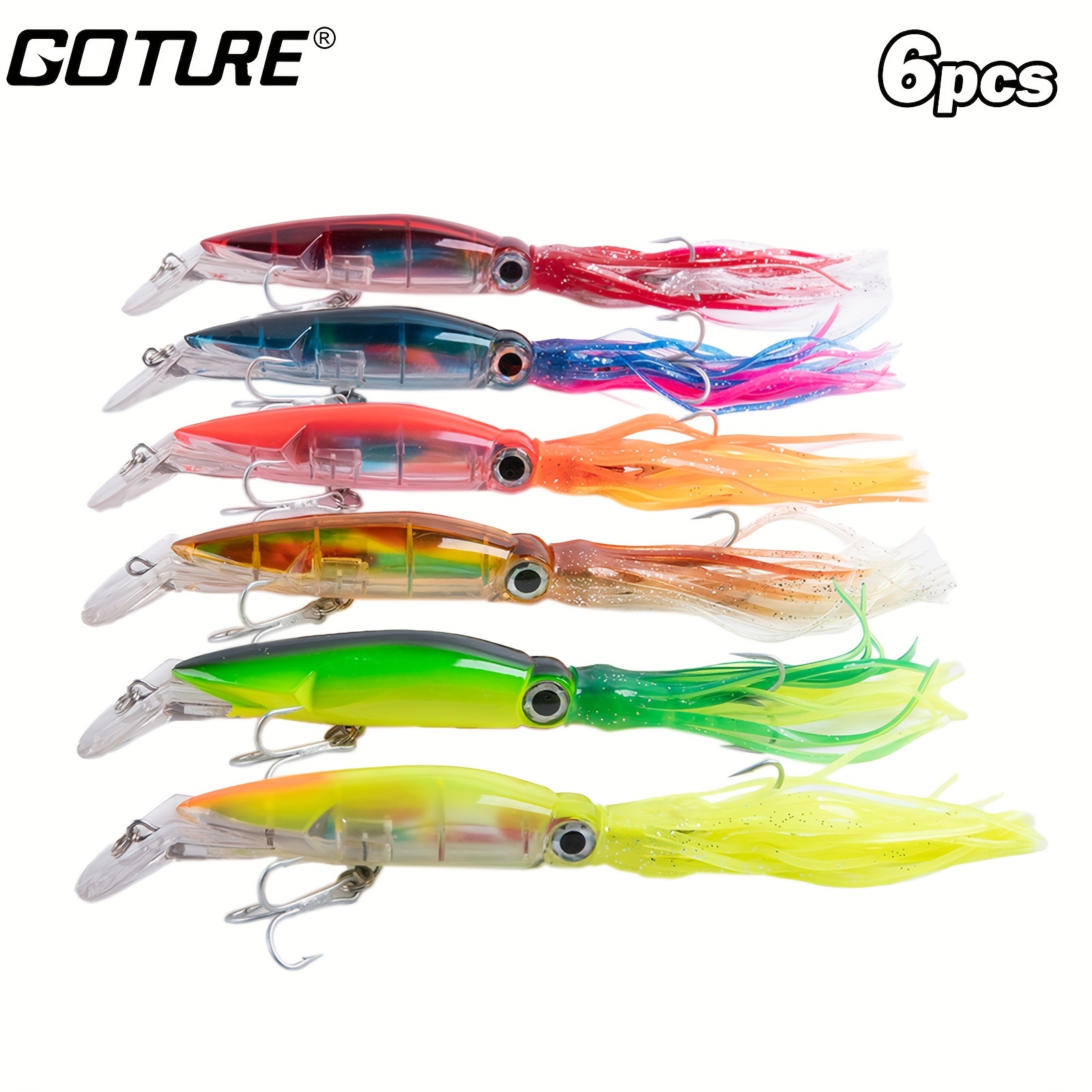 

6-pack Squid Jig Fishing Lures - Plastic, Artificial Soft Baits With 3d Holographic Eyes, Treble Hooks, Insert, Saltwater Simulation Lures By Popular Angling Brand