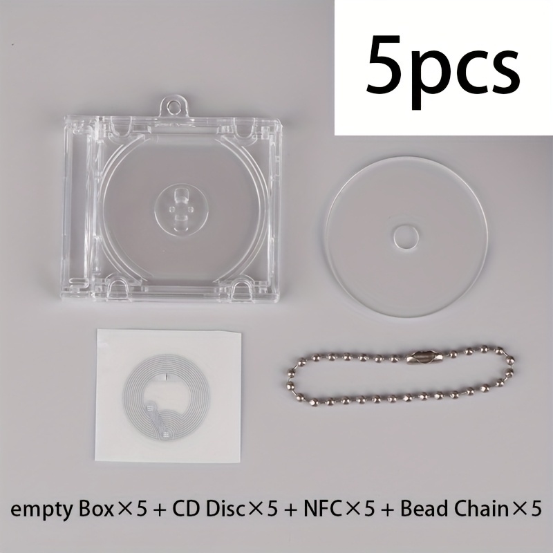 TEMU 3/5 Sets Mini Porte-Clés Boîtier CD, Kits Mini Album en Plastique Transparent avec Disques CD, Étiquettes NFC Vides et Chaînes de Perles pour