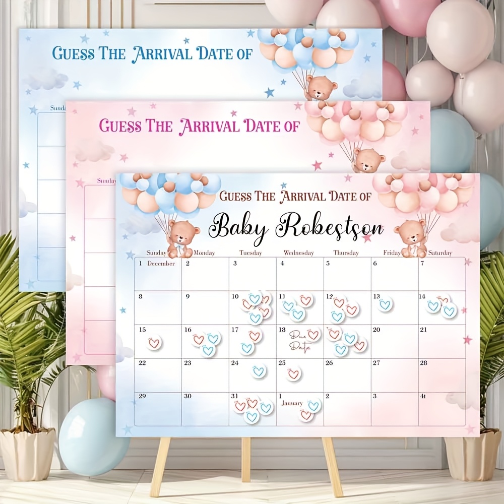 Shower Date Guessing Game Calendar – Fun Gender Reveal Party Decor with  Balloon Teddy Pink Blue Theme, Interactive Date Track - Main Image