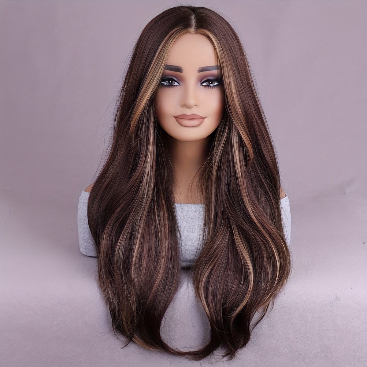 

Long Brown Wig Mixed With Brown Blonde Accent Wig For Women Long Curly Wavy Synthetic Wig For Everyday Party Use