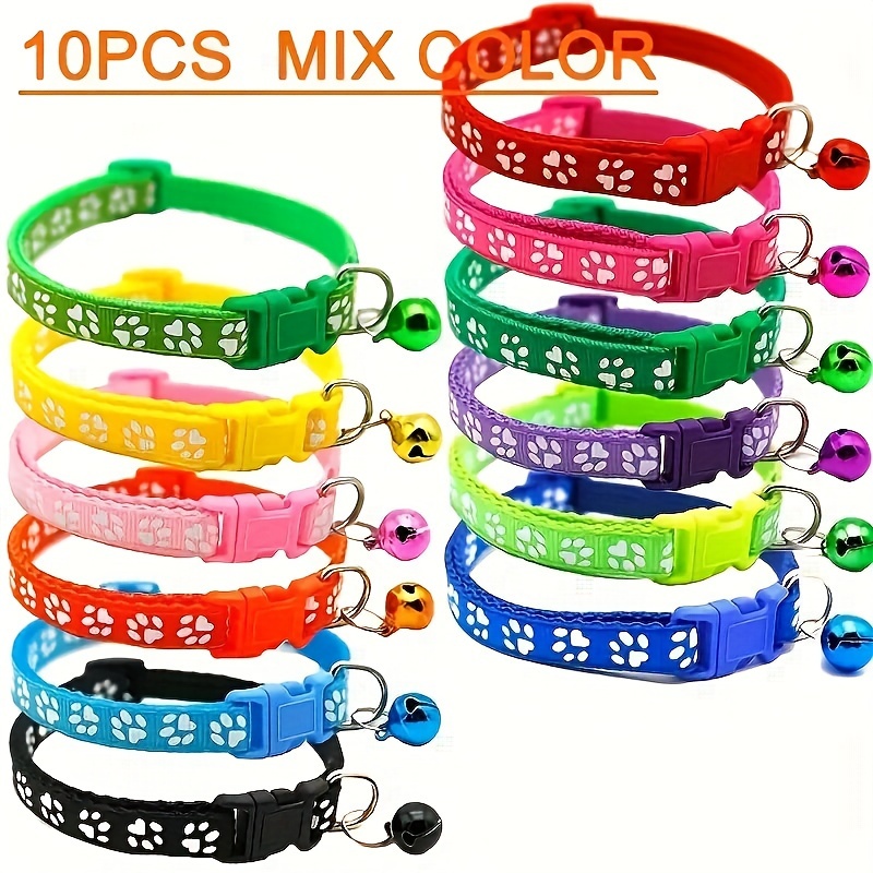 

10-piece Adjustable Nylon Pet Collars With Bells - Vibrant Colors, Cartoon Paw & Footprint Design For Dogs And Cats