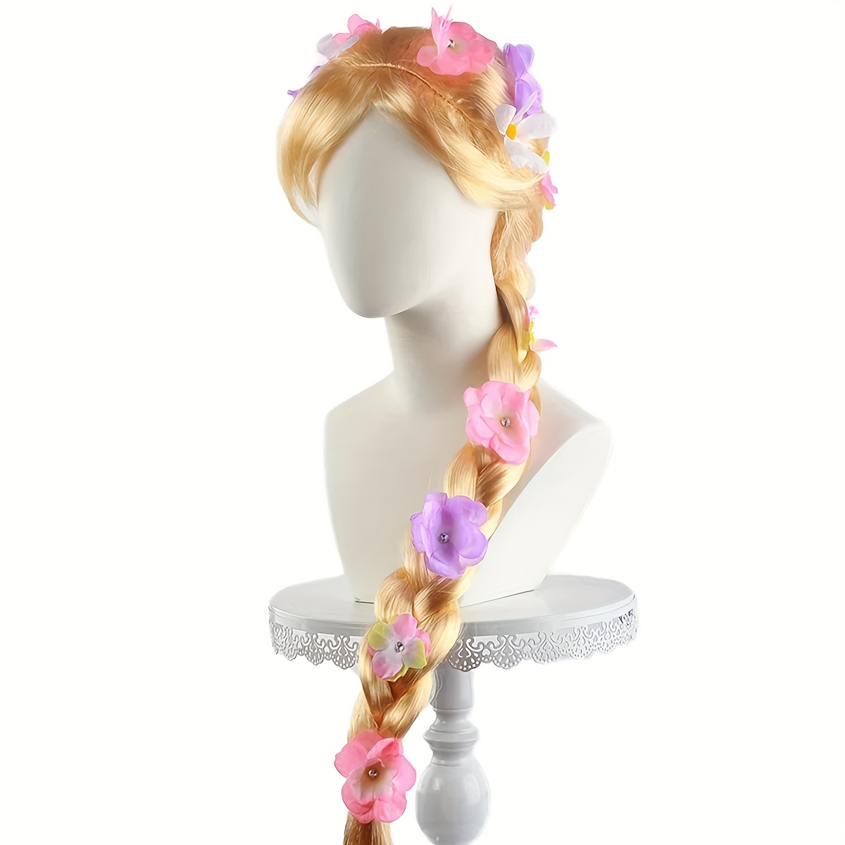 E-shop Vintage Märchenstil Goldene Lange Gedrehte Zopfperücke mit Blumendekor - Anime Prinzessin Cosplay Perücke, Hochglanzhaar + Atmungsaktives