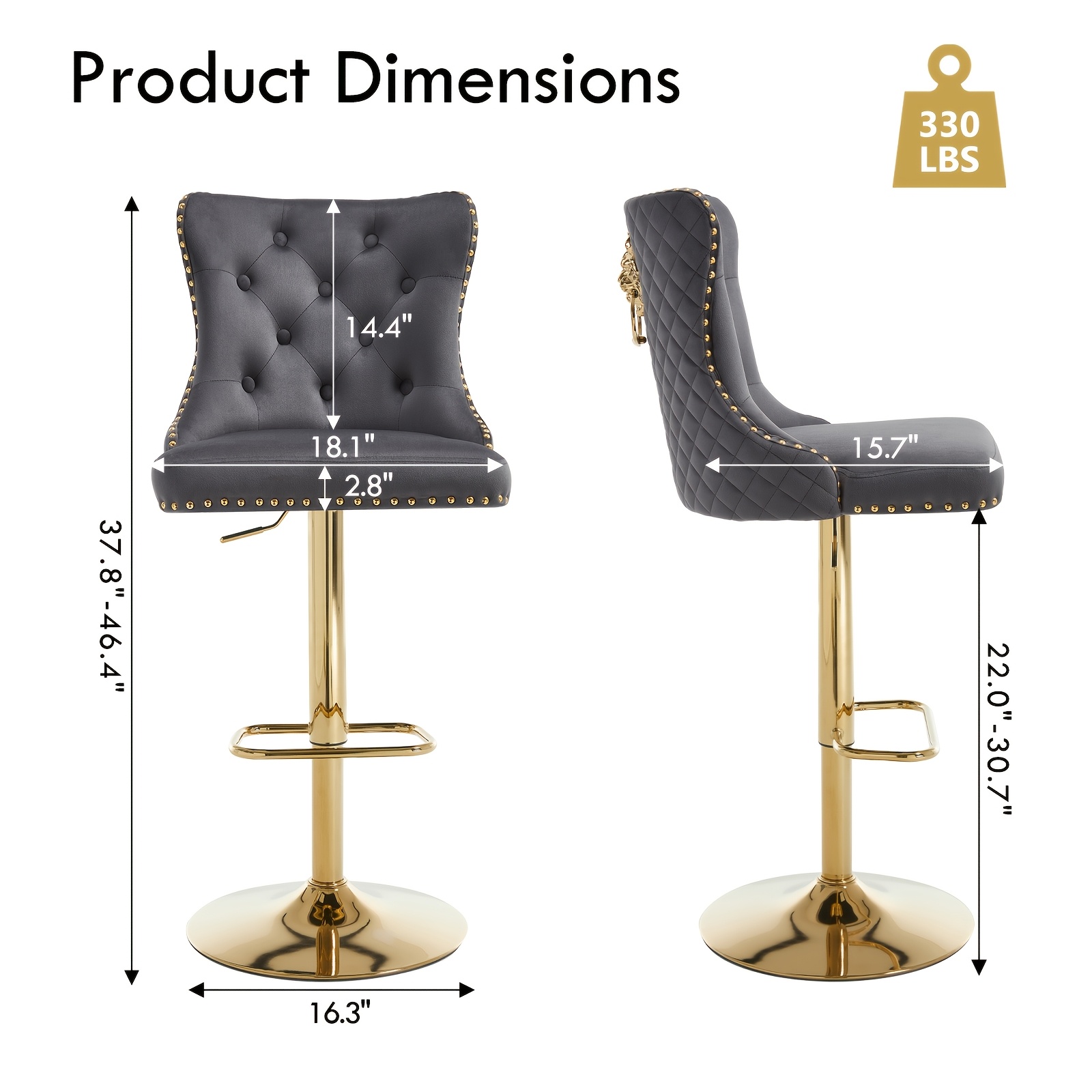 Set of 2 Modern Adjustable Velvet Bar Stools with Lion Head Pull