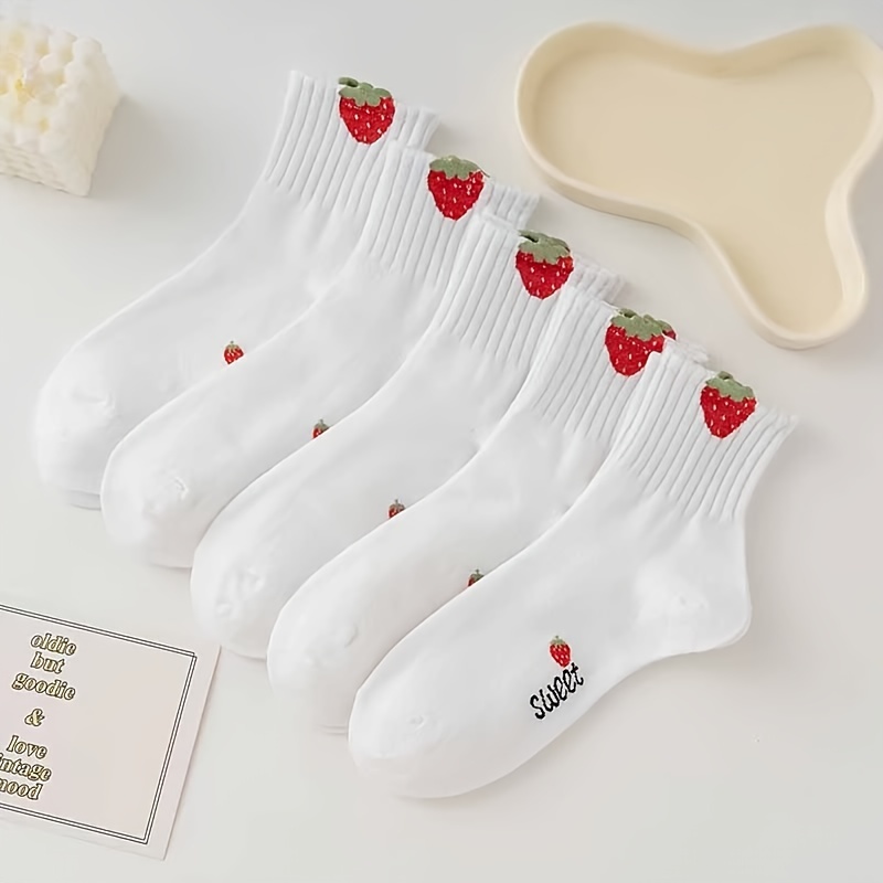 TEMU 5 Pairs Cute Strawberry Pattern Socks, Comfy & Breathable Mid Tube Socks, Women's Stockings & Hosiery