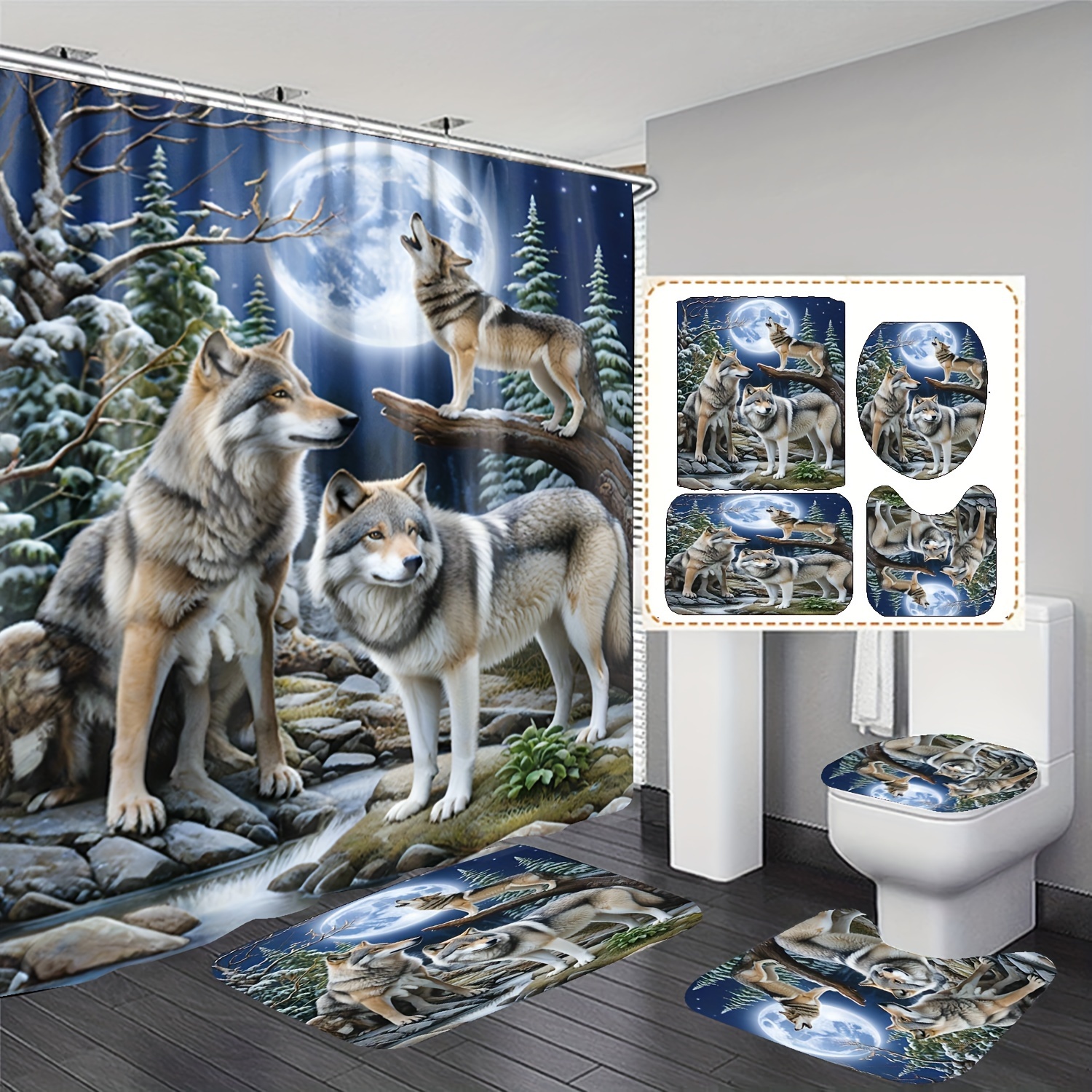 

Wolf Themed Bathroom Decor Set With Moonlight Motif, 4-piece Polyester Machine Washable Bath Ensemble With Water-resistant Knit Fabric, Includes Bath And Accessories