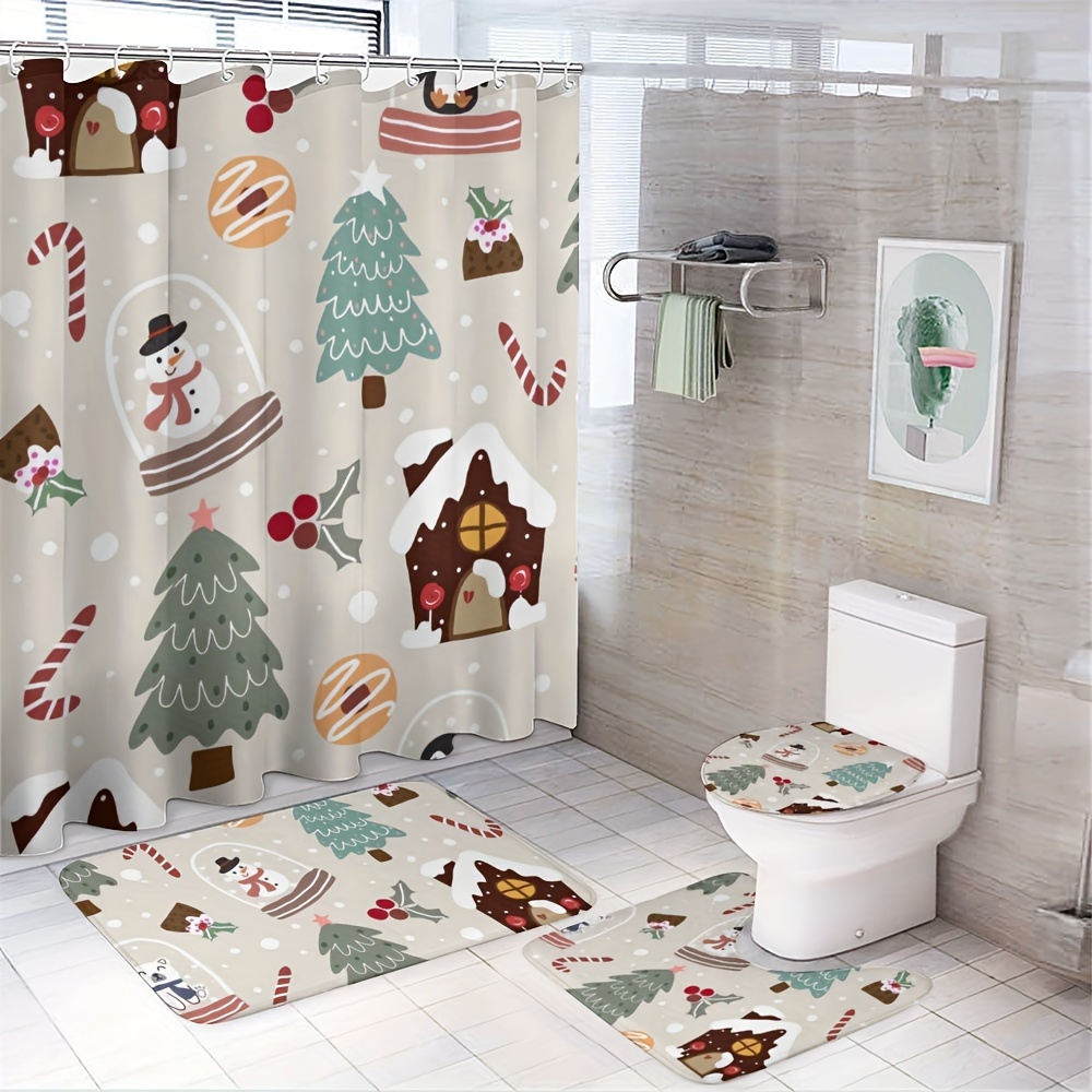 

1/3/4pcs Christmas Decor Bathroom Set, Machine Washable, Shower Curtain, Non-slip Bath Mat, U-shape Mat, Toilet Lid Cover, Bathroom Decor, Hooks Included