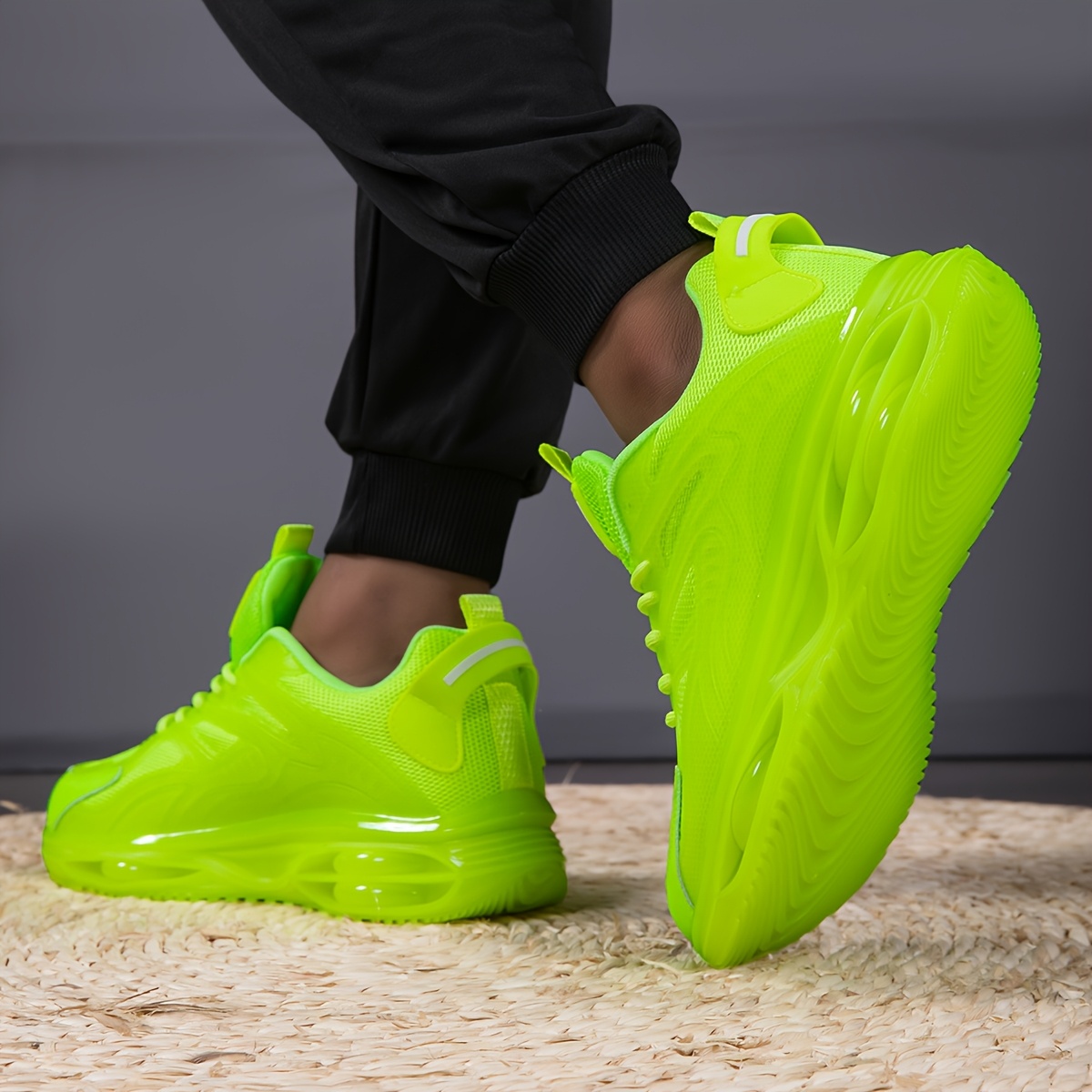 mens bright neon green casual sneakers low top breathable Temu