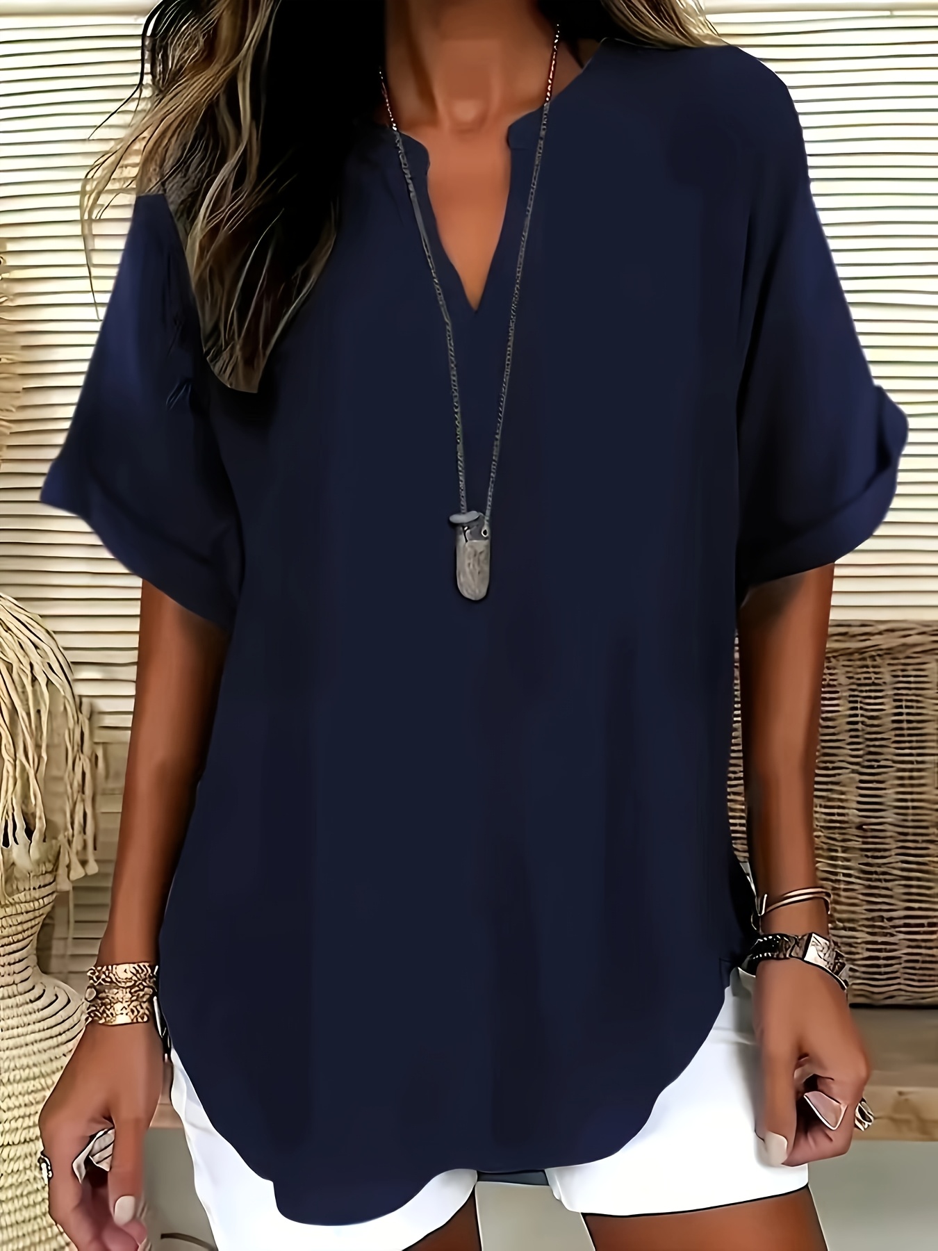 Elegant Plus Size Women'S V-Neck Short Sleeve Blouse - Light Gray, Casual & Stylish for Spring/Summer, Relaxed Fit with Half-Sleeve Design, Casual Wear | Relaxed Fit Top | Stylish Necklin