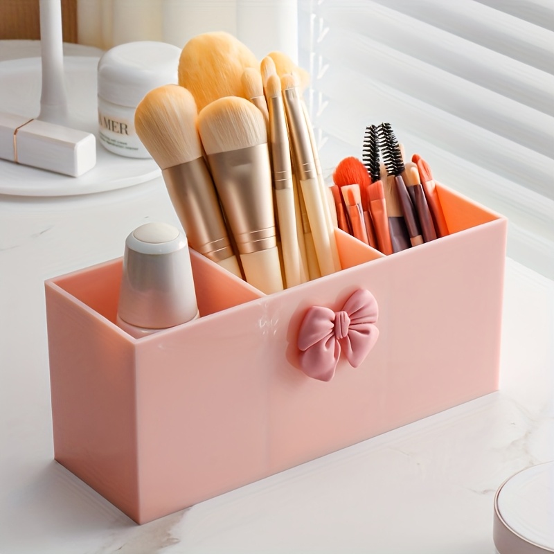1pc 3 compartment makeup brush storage box eyebrow pencil and lipstick storage rack small display box suitable for bathroom bedroom pink bow black home storage box Product details 4