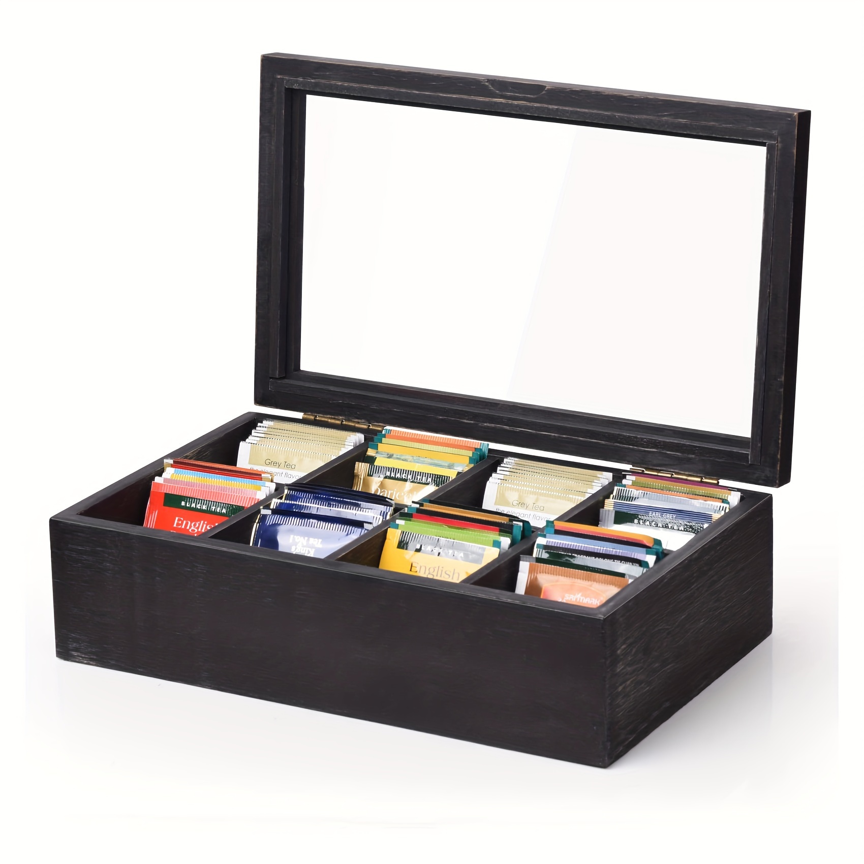 

Wooden Tea Box Holder Kitchen Storage Chest Box For Spice Pouches And Sugar Packets With 8 Compartments And Glass Window Weathered Black