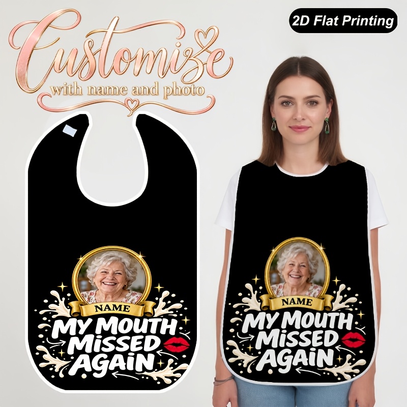 TEMU 1pc Personalized Bibs 2d Flat Custom Photo And Name Mouth Again Printed Bibs Fashionable Adult And Elderly Crumb Catcher For , Fun Pattern,