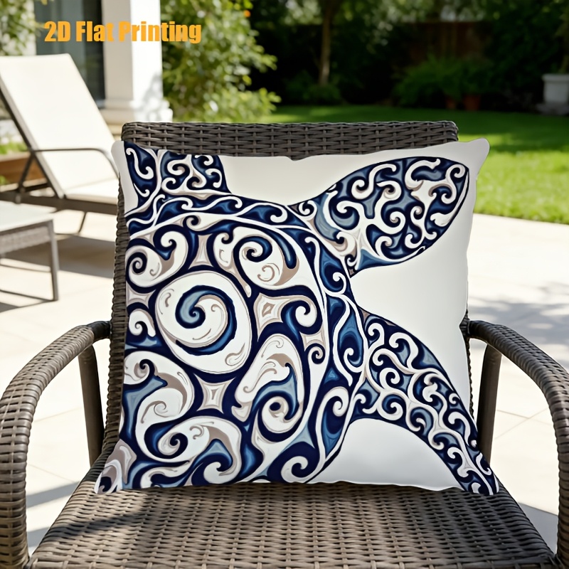 1pc Turtle Print Cushion Cover Suitable for Outdoor Indoor Use, 18x18 Inch Square Pillow Case with Zipper Closure, Blue White Gray Marine-Themed Decorative Cover for Garden Sofa Bed, Machine Washable Turtle Shell, 2D Flat