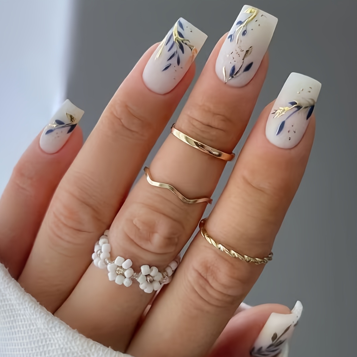 TEMU 24pcs/set Press On Nails Short Square Nail Tips, Y2k Baddie Style, Nude, White, Golden, And Black Nail Polish With French Trim, Floral Patterns,