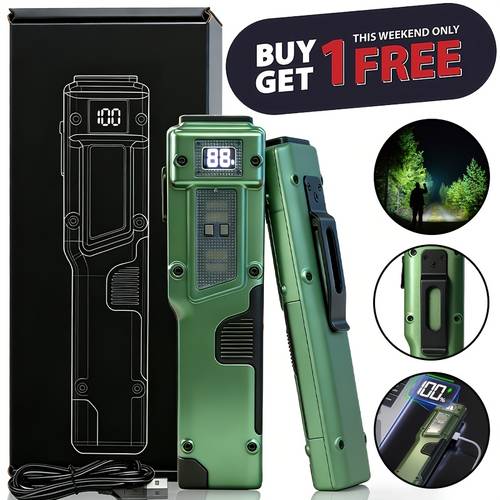 b b buy 1 get 1 free total of 2pcs rechargeable edc flat flashlight high with storage box high power led flashlight aluminum with 8 lcd back clip for outdoor survival camping fishing power outage perfect gift