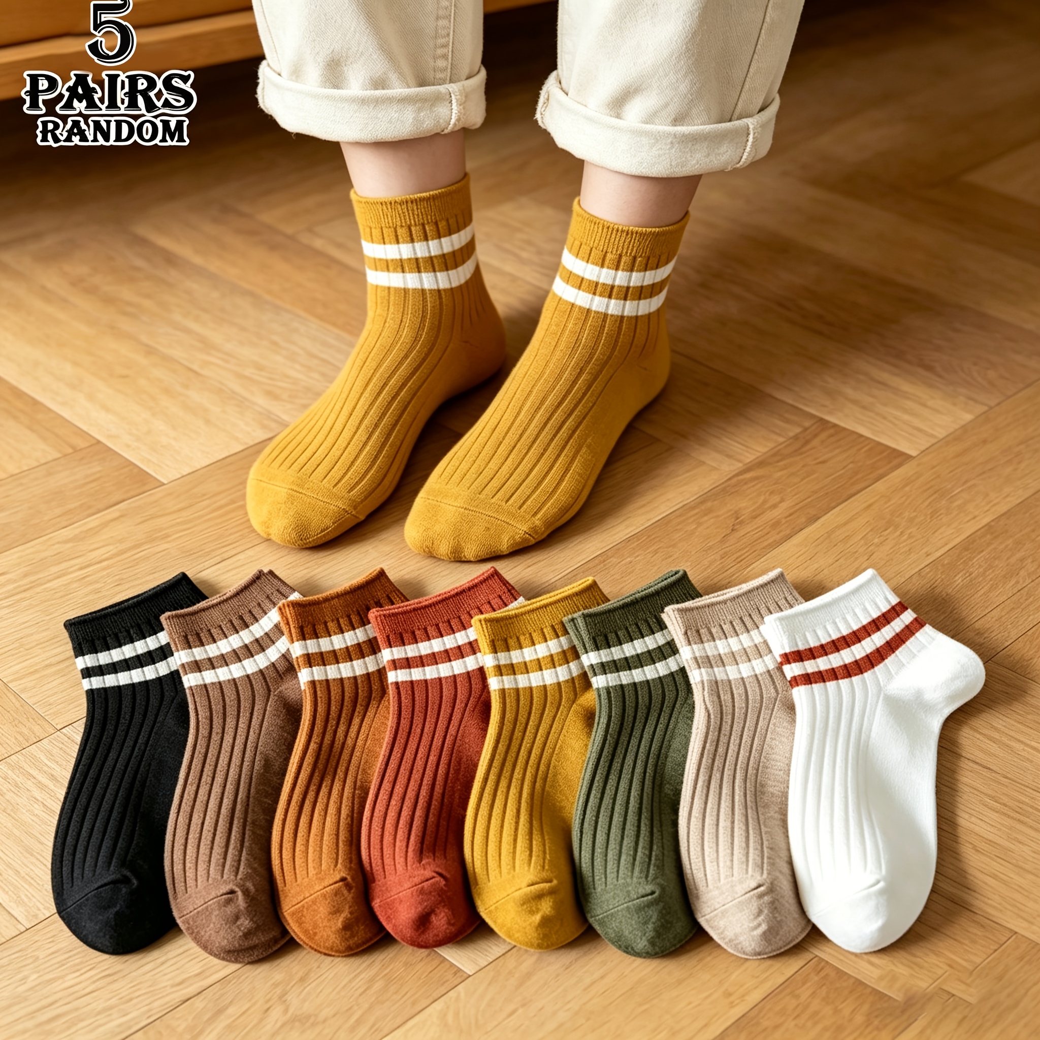 TEMU 5 Paires de Chaussettes Rayées Basses Unisexe Rétro Japonaises de Base, Livraison Aléatoire, Pack Multicolore, Chaussettes Courtes Classiques