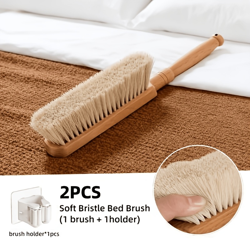 TEMU Bristle Mattress Cleaning Brush Set(2pcs Set), Including A Soft-bristle Mattress Brush+ Brush Holder, Premium Wooden Dusting Brush, Suitable For