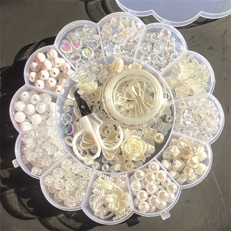 

3pcs/set 13-grids Flower Box Beads Ab Color White Acrylic Beads For Diy Bracelets, Mobile Phone Straps, With 1roll Thread And Small Scissors, Diy Jewelry Making Kit