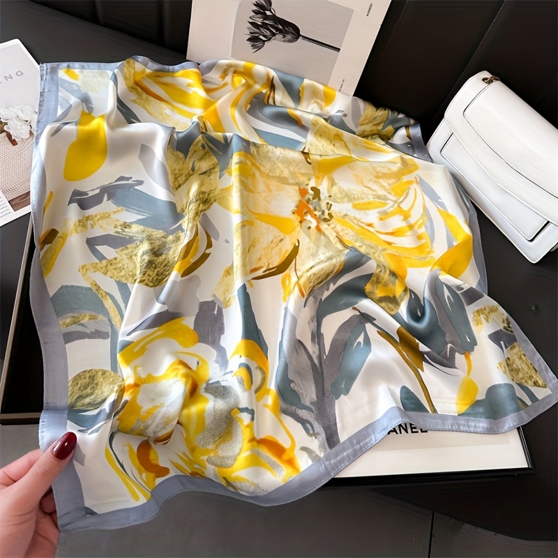 E-shop Neues Damen-Tuch aus 70 % Satin mit gelbem Blumendruck, quadratisch, , schlicht vielseitig – weiches, dünnes Tuch/Kopftuch/Schal/Haar-Accessoire