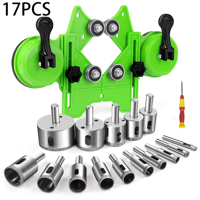 Image of Diamond Kit 17pcs Drill Bit Set With Double Suction Cups Guide Jig Fixture From 4mm-83mm Hollow Drill Set For Ceramic, Glass, Tile, Porcelain, Marble, Granite