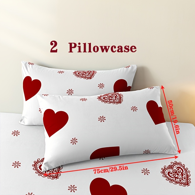 Image of Set Of 2 Pillowcases With Heart Pattern Print, Made Of Polyester Microfiber, Featuring An Envelope Closure, Machine Washable, Soft And Breathable , Includes 2 Pillowcases (without Pillows)