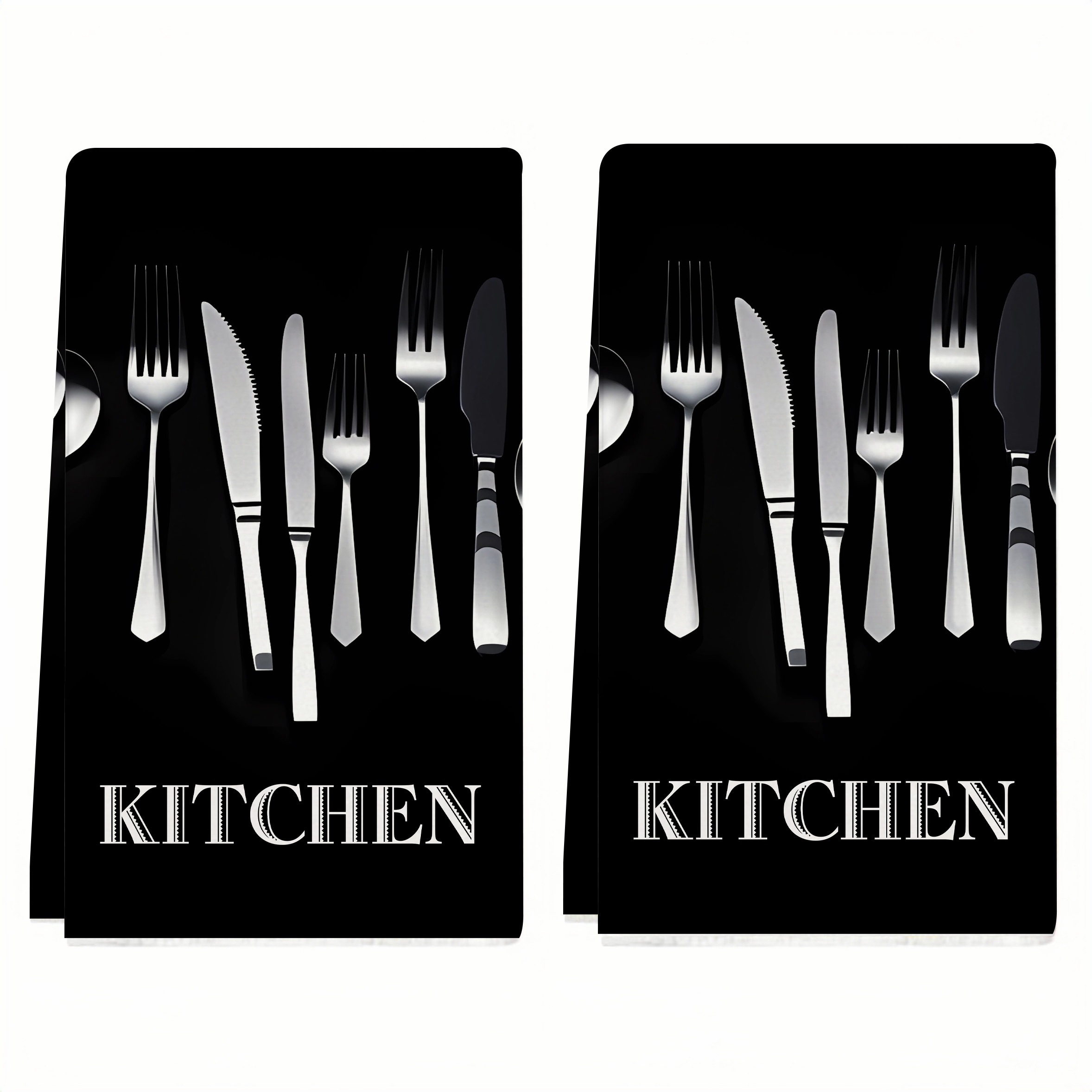 

2-piece Set Of Black Kitchen Towels With Silverware Design - Holiday Decor Kitchen Towels, Soft Absorbent Dryer Towels, Contemporary Kitchen Decor, Table Decor, , Home Decor