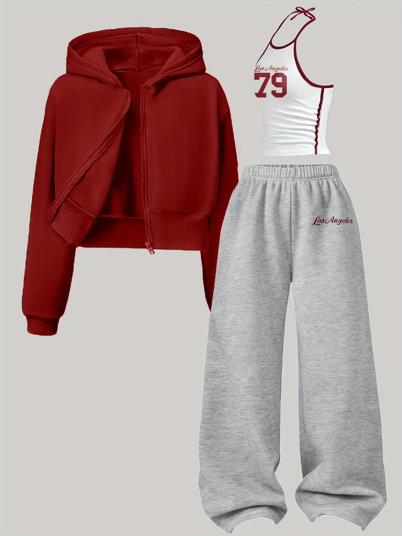 Plus Size Three-Piece Set, Including a Jacket, Tank Top, And Wide-Leg Pants | Casual Loose Autumn And Winter Outfit | A Complete Autumn And Winter Ensemble | Letter And Number Printed Tank Top with Fleece-Lined Hooded Jacket And Pants Set | Suitable - Image 3