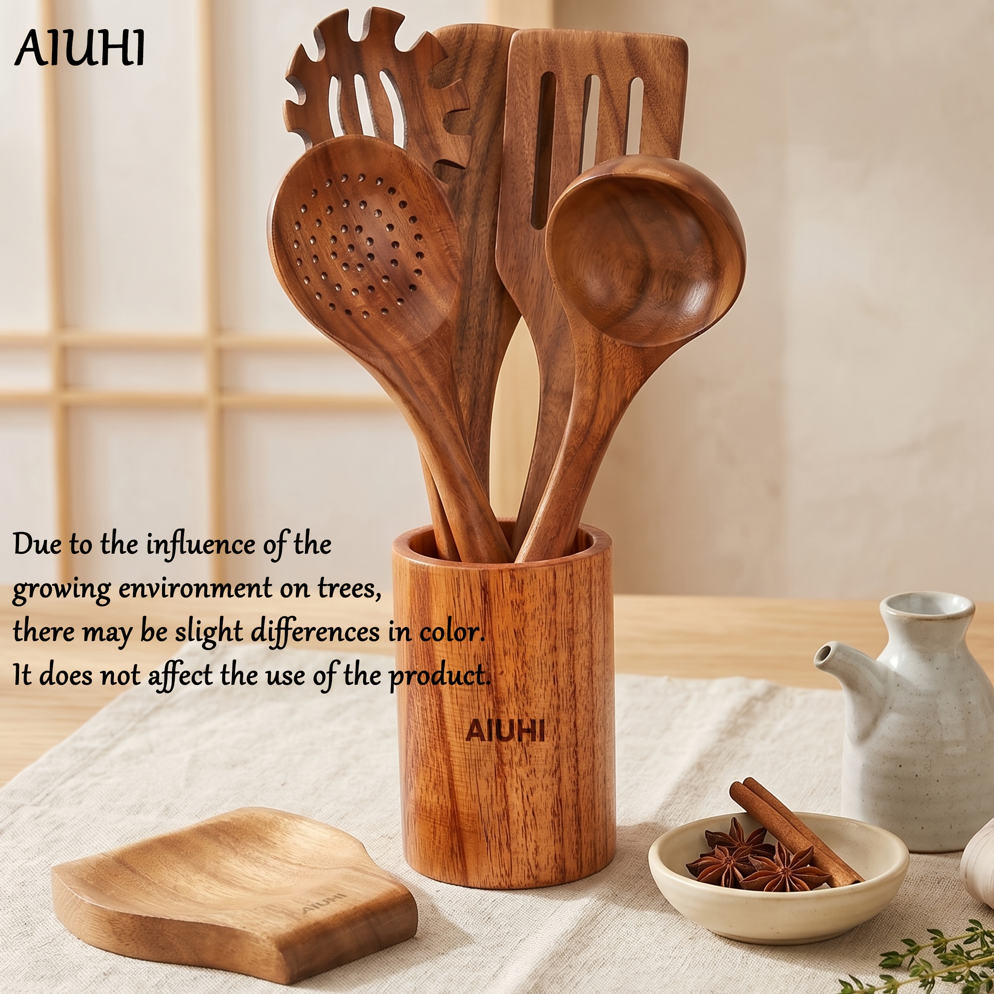 Image of Aiuhi 7pcs Wooden Kitchen Utensils, Wood Cooking Spoons, Wooden Holder, Wooden Spaghetti Spoon And More, Durable Heat Resistant Wood Tool For Cooking