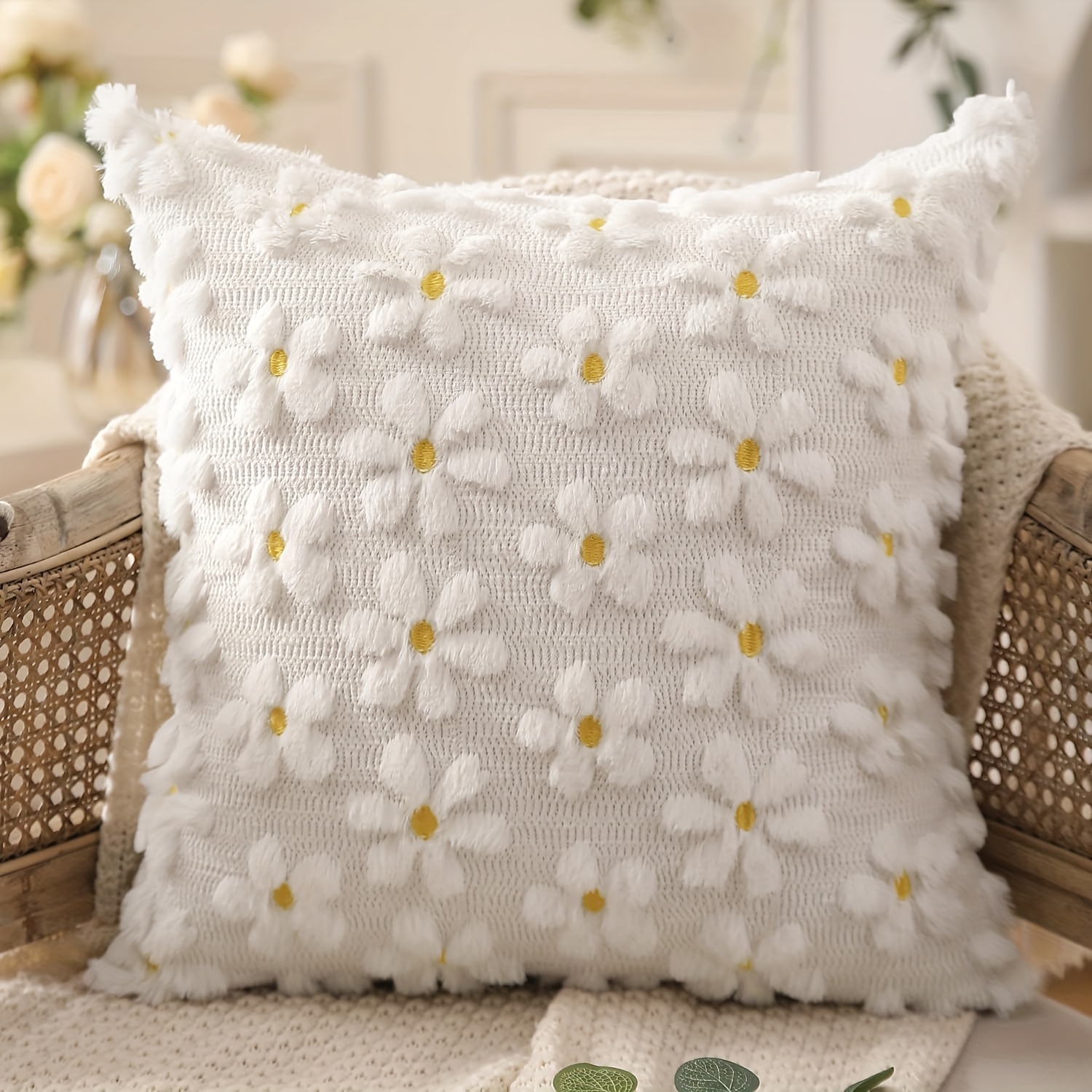 E-shop 1 Stück Frühlings-Sommer Kissenbezug 18x18 Zoll Farmhouse Deko Gelbe Blume Herz Gänseblümchen Weicher Plüsch Jacquard Wurfkissenbezug für