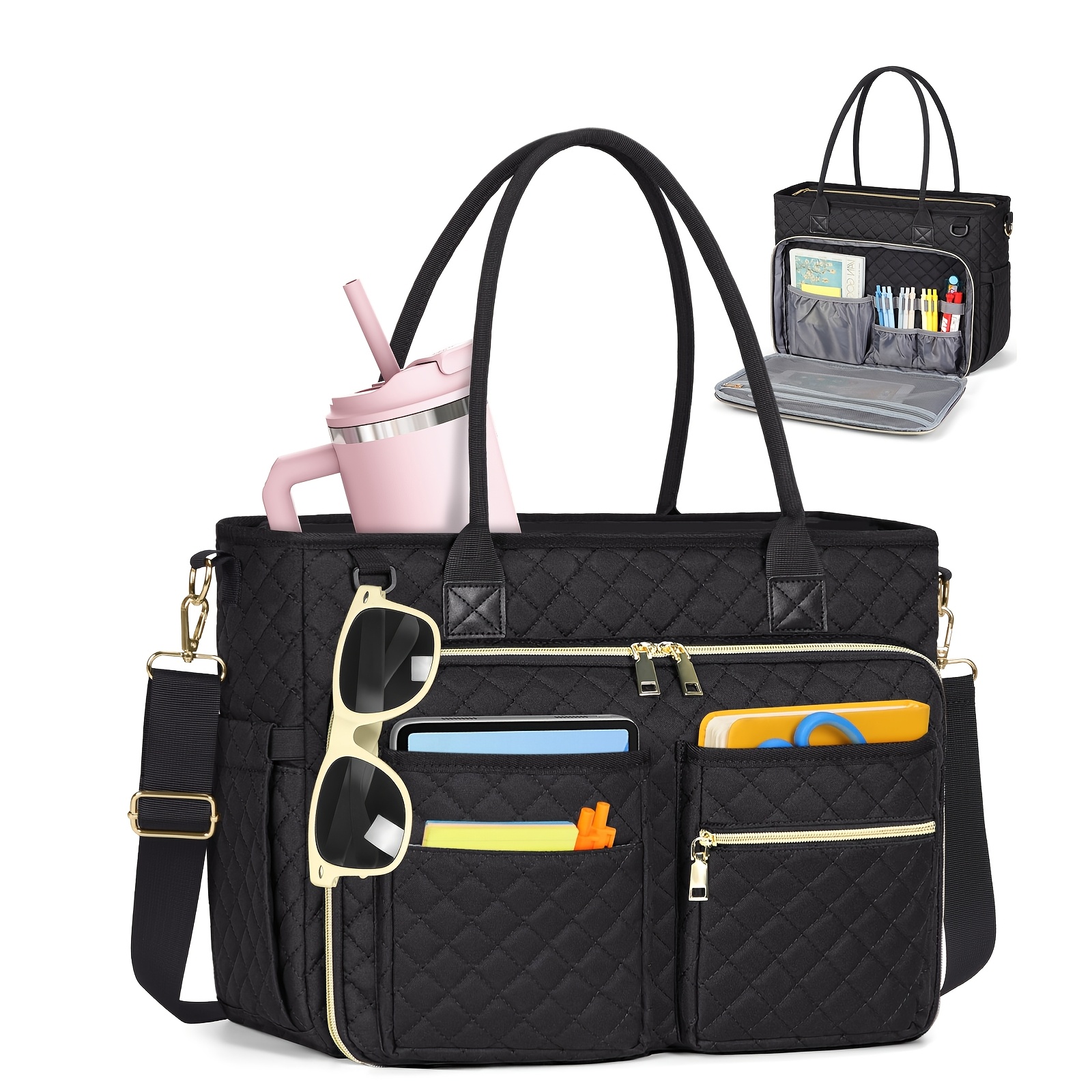 Image of Rainsmore Teacher Tote Bag 15.6 Inch Laptop Bag For Women Work Bags Laptop Tote Nurse Bag Professional Computer Messenger With Insulated Pocket, Laptop Briefcase For Office, College, Nursing, Black