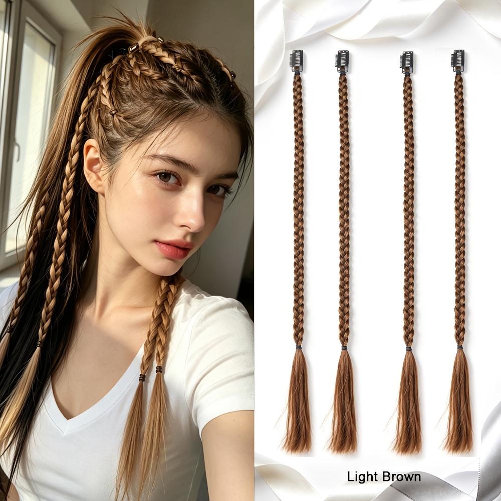 TEMU Women's 4pcs Clip-in Pre- Hair Extension Set, Thick Long Braided Wig Made Of Synthetic Material, Available In Multi-colors And Ombre Styles,